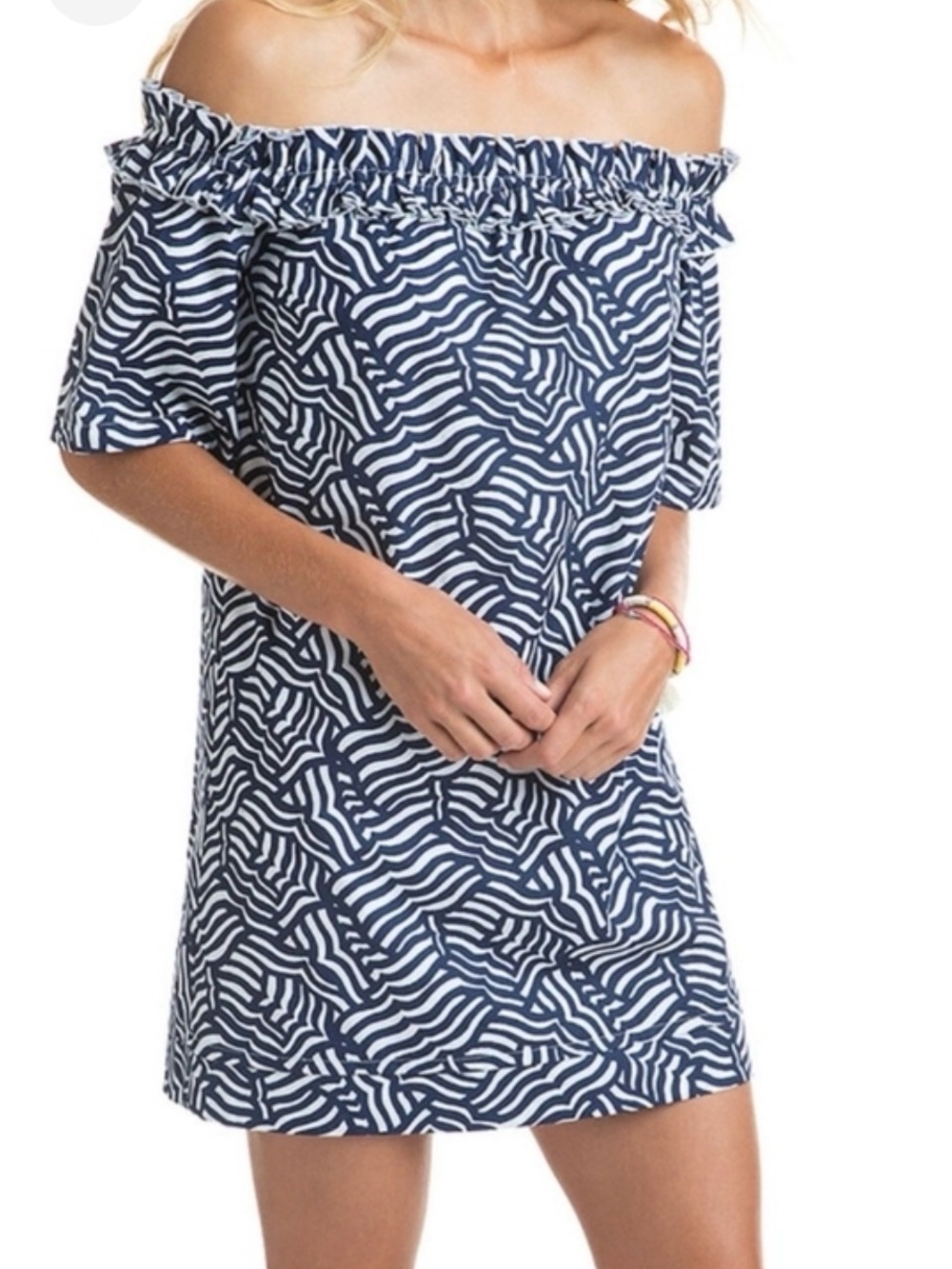 Vineyard Vines Navy & White Off-Shoulder Printed Casual Dress